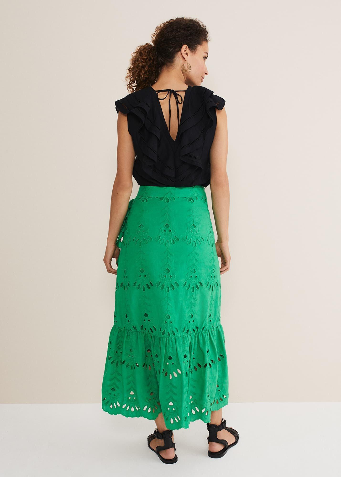 Green Broderie Wrap Maxi Skirt