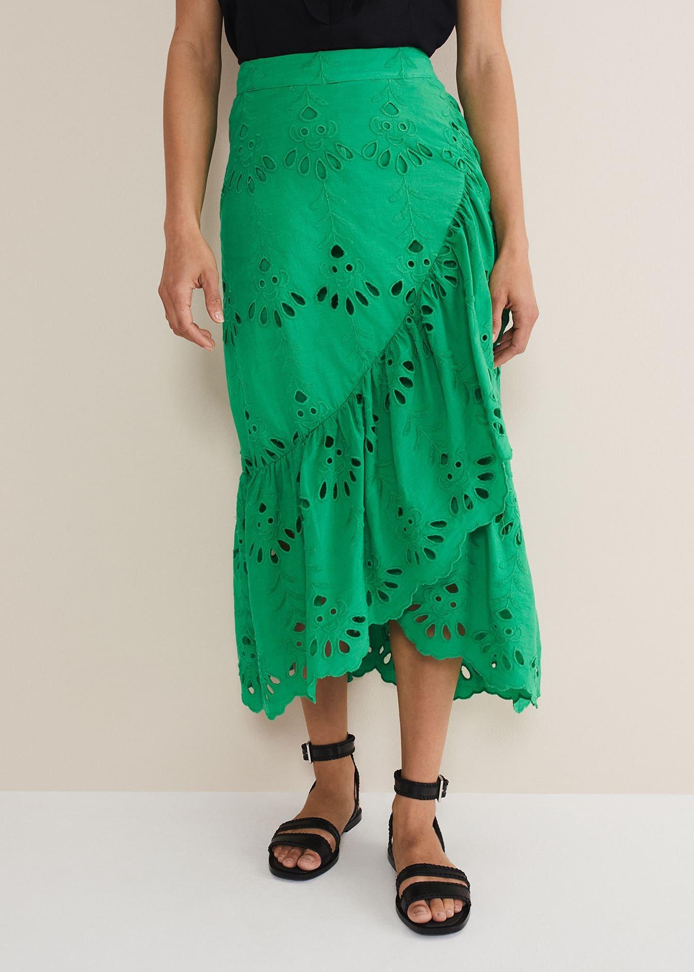 Green Broderie Wrap Maxi Skirt