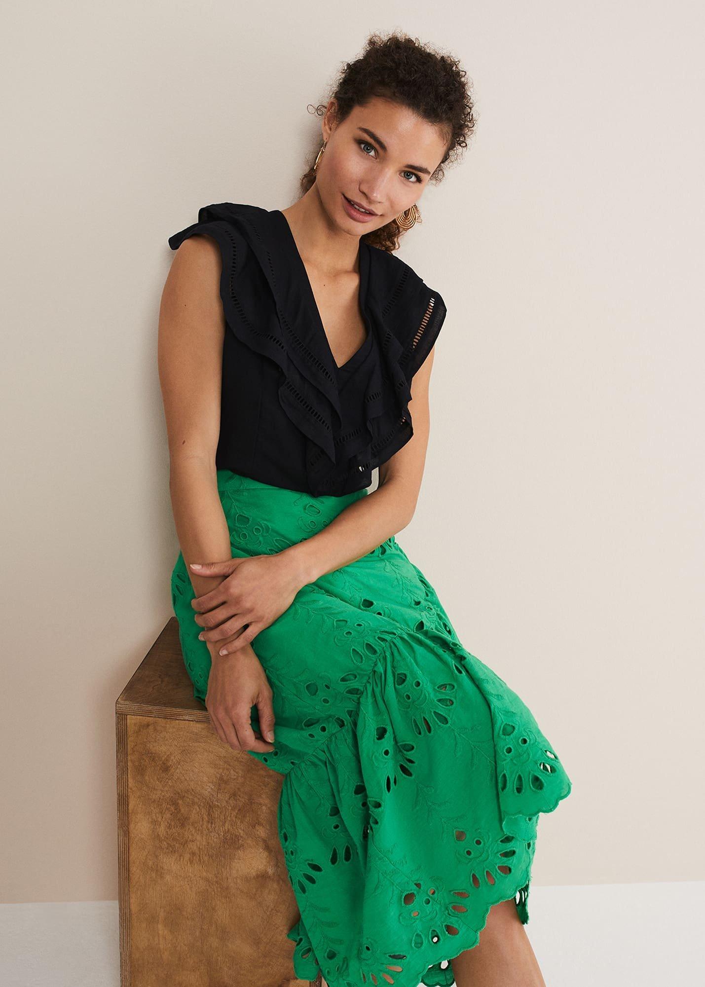 Green Broderie Wrap Maxi Skirt