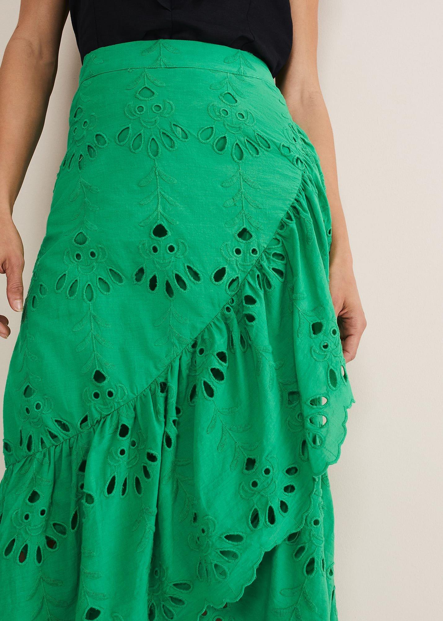 Green Broderie Wrap Maxi Skirt