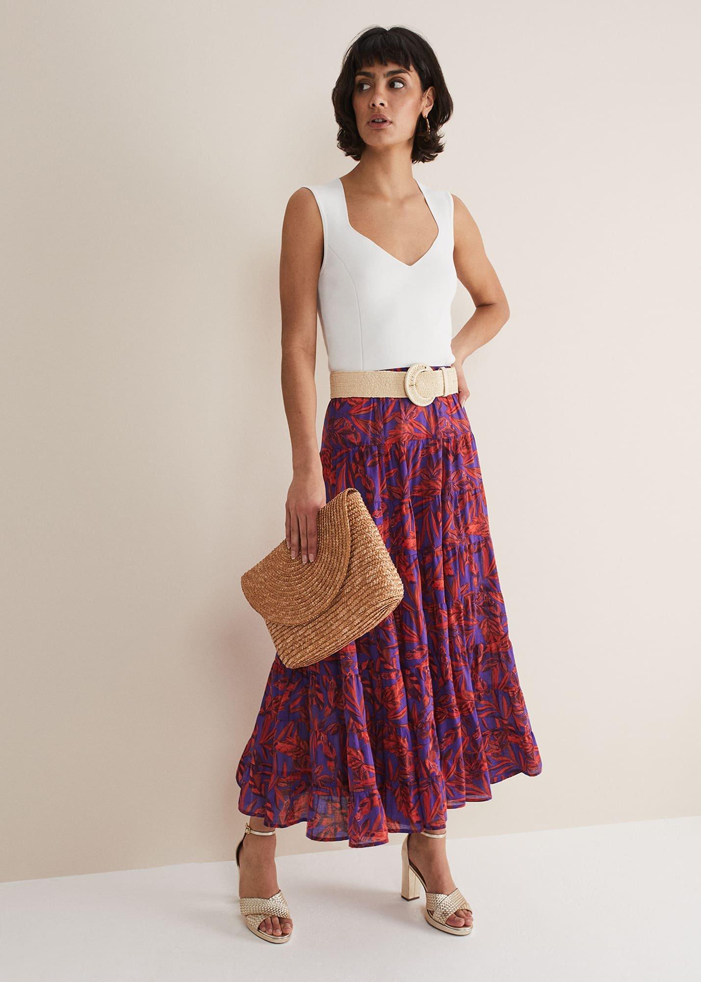Eloraina Leaf Print Maxi Skirt