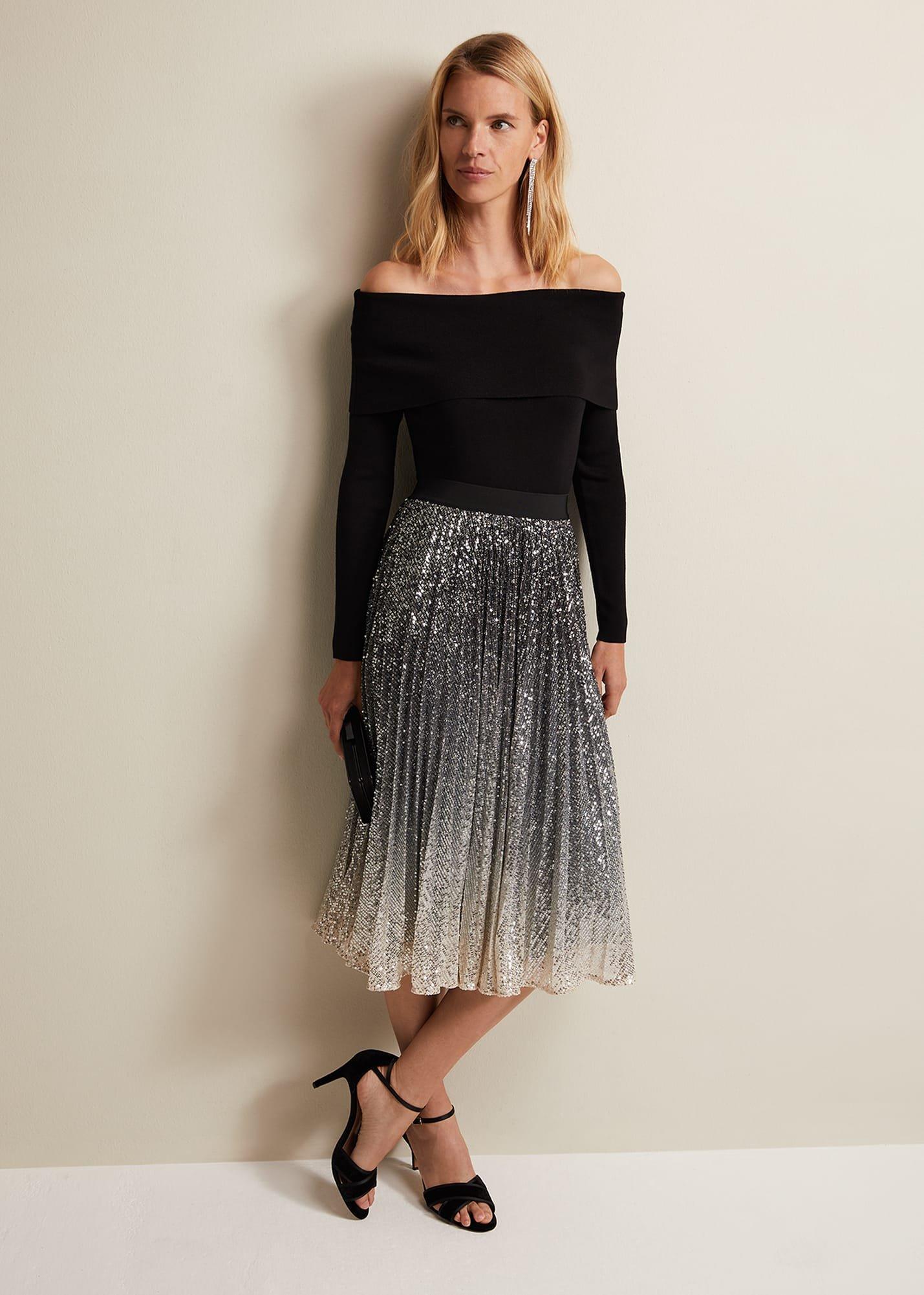 Celeste Sequin Ombre Pleated Midi Skirt