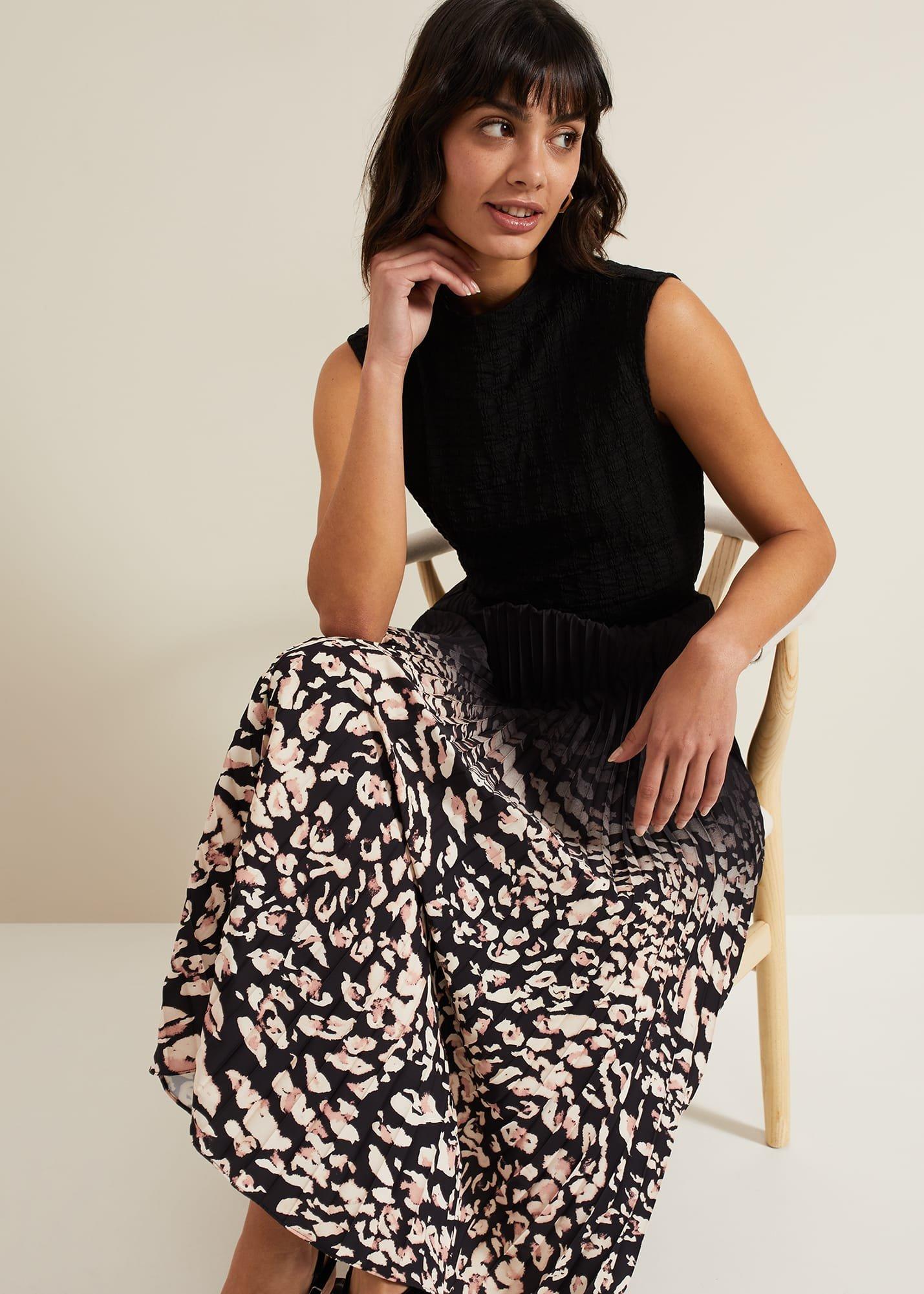 ${product-id}-Elmina Abstract Print Pleated Skirt-Neutral-${view-type}