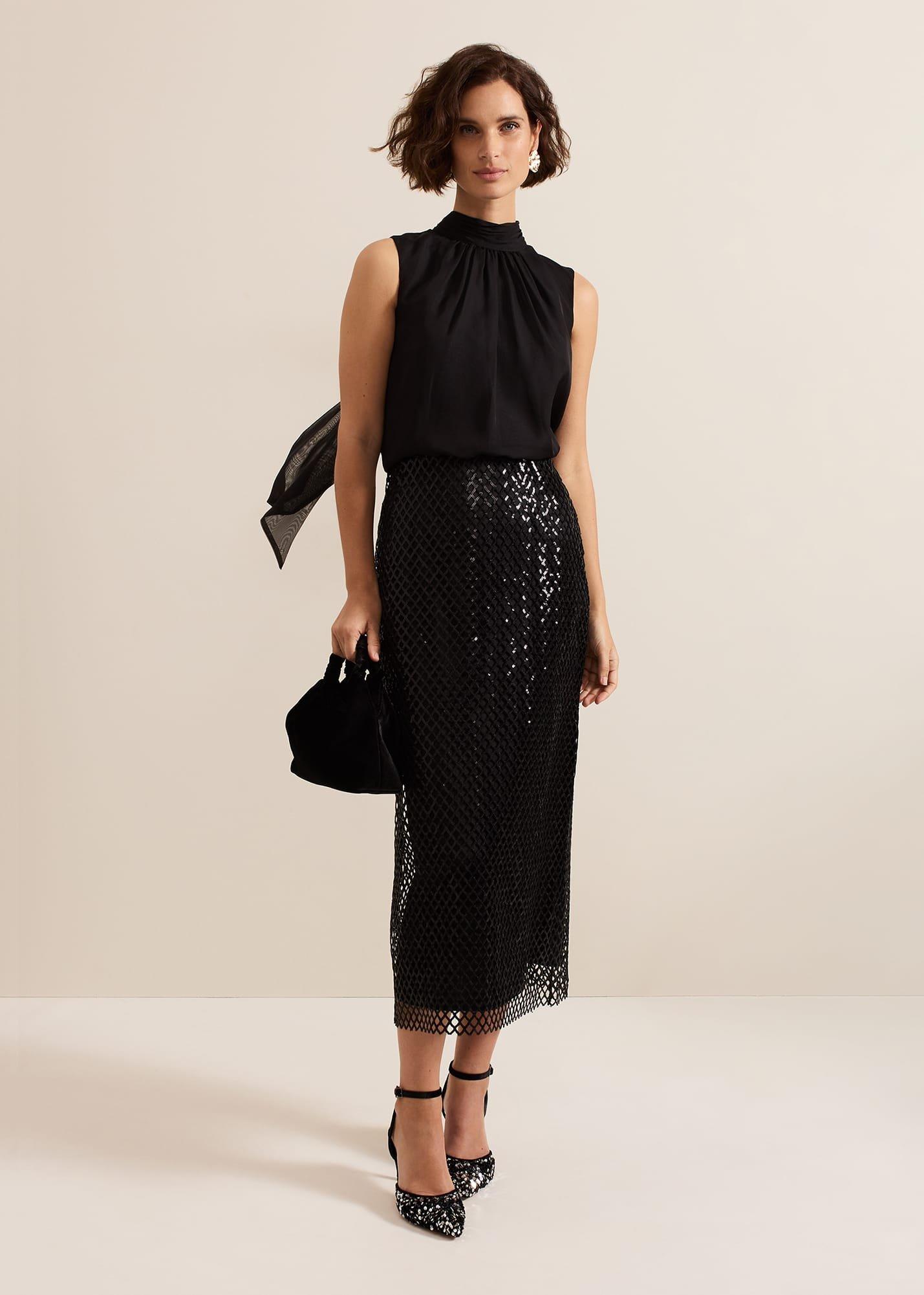 Mauve Black Mesh Sequin Midi Skirt