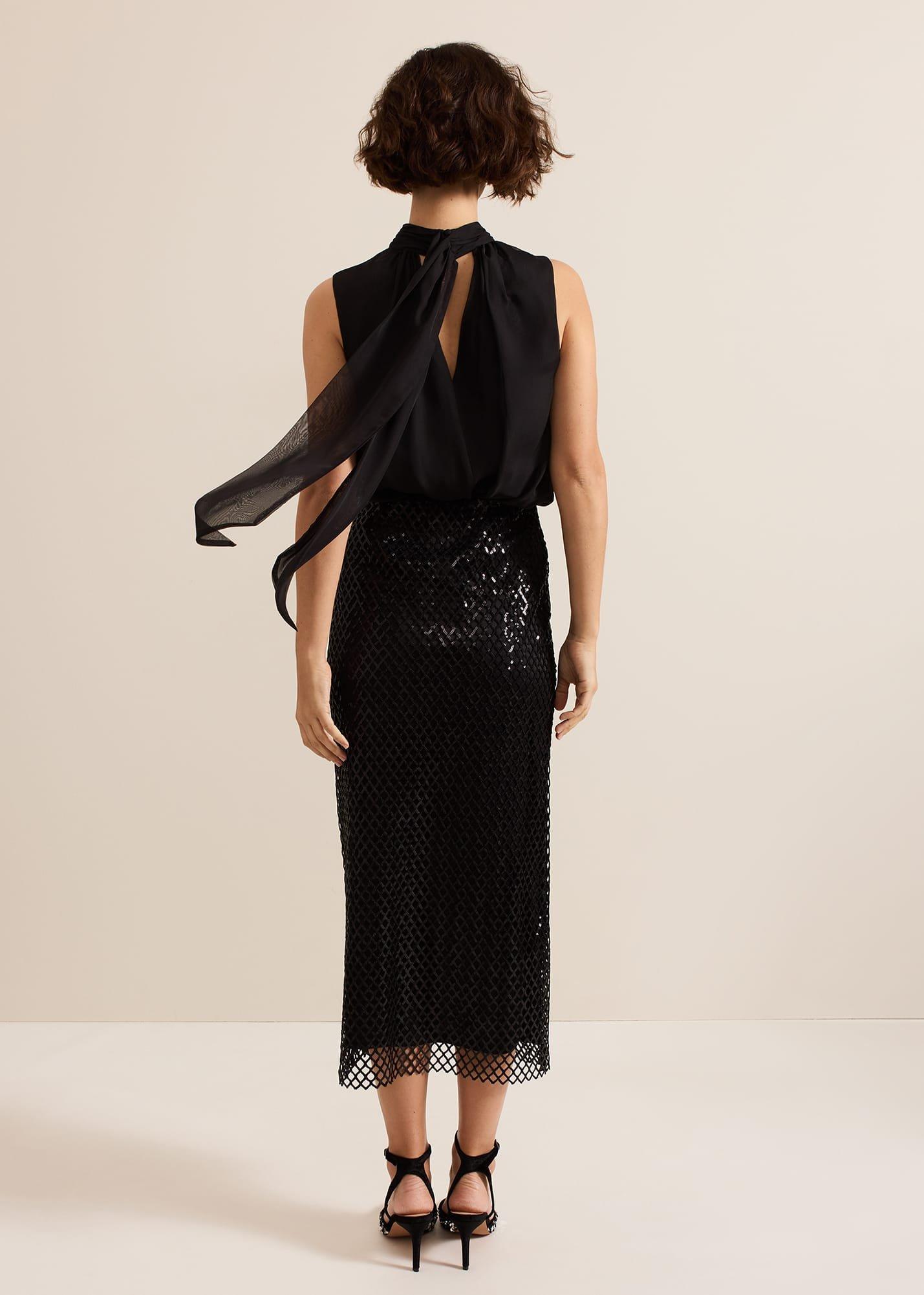 Mauve Black Mesh Sequin Midi Skirt