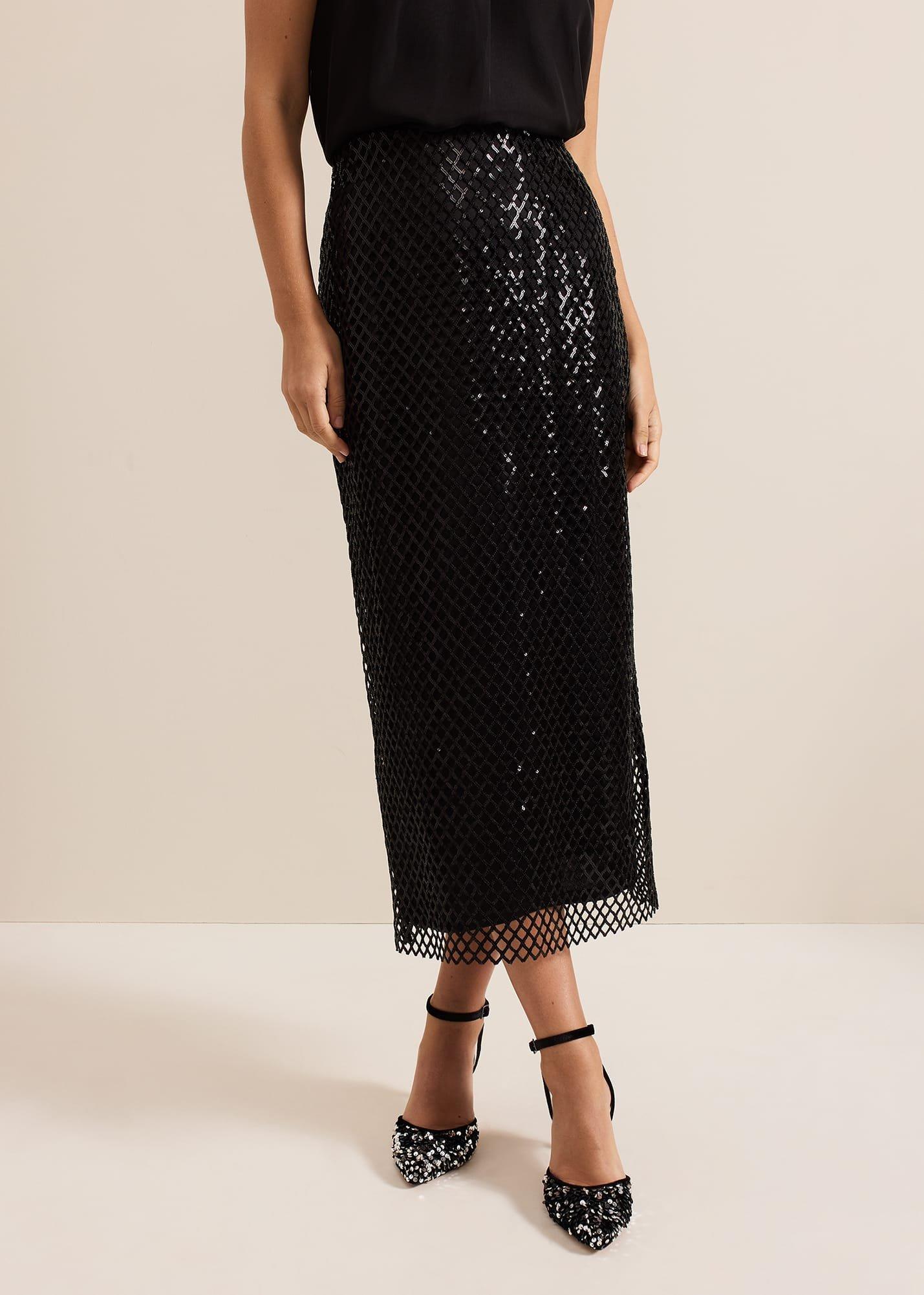 Mauve Black Mesh Sequin Midi Skirt