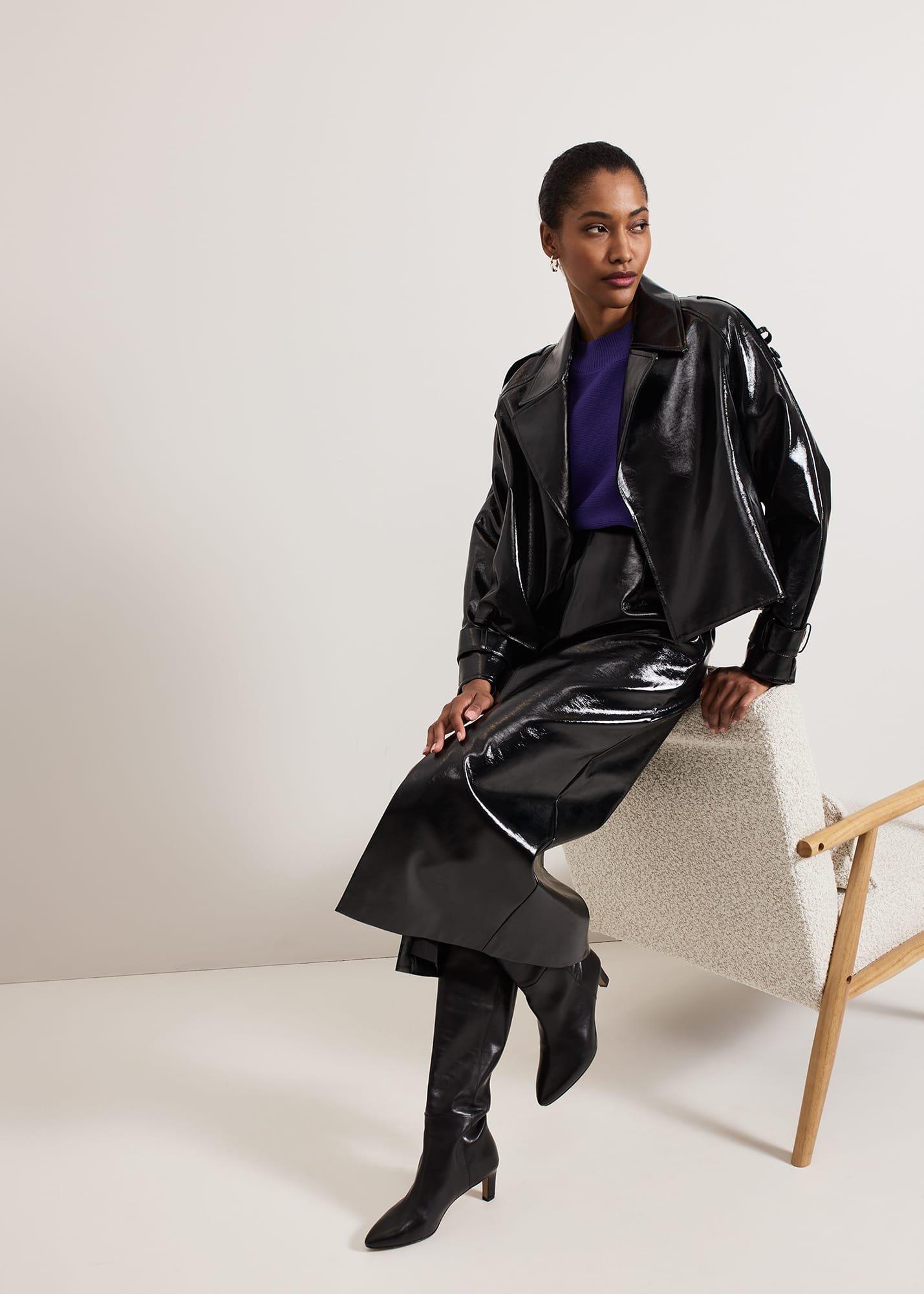 Tabby Black Vinyl Pu Pencil Skirt