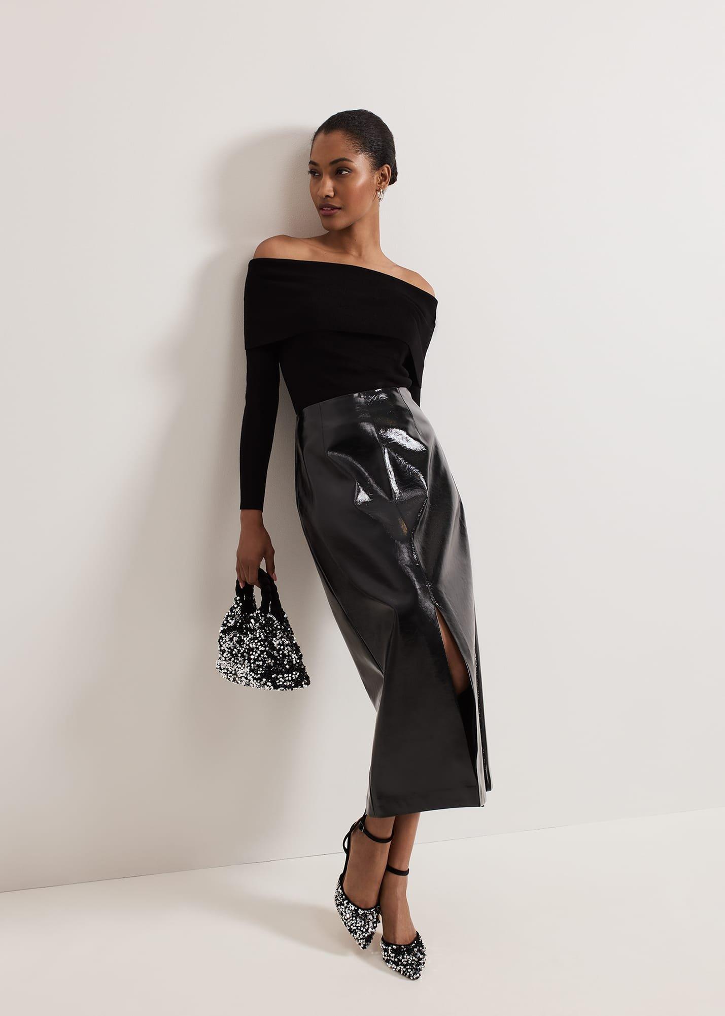 Tabby Black Vinyl Pu Pencil Skirt