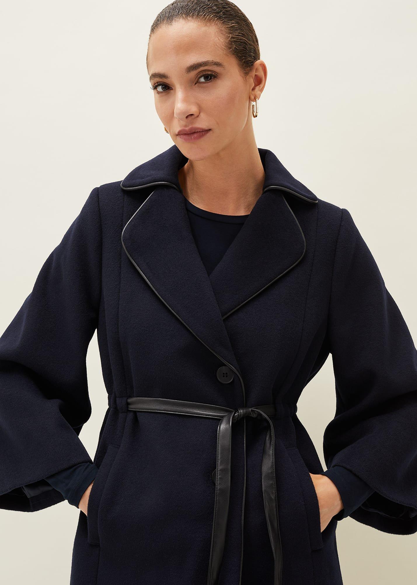 Anna Faux Leather Trim Wool Cape Coat