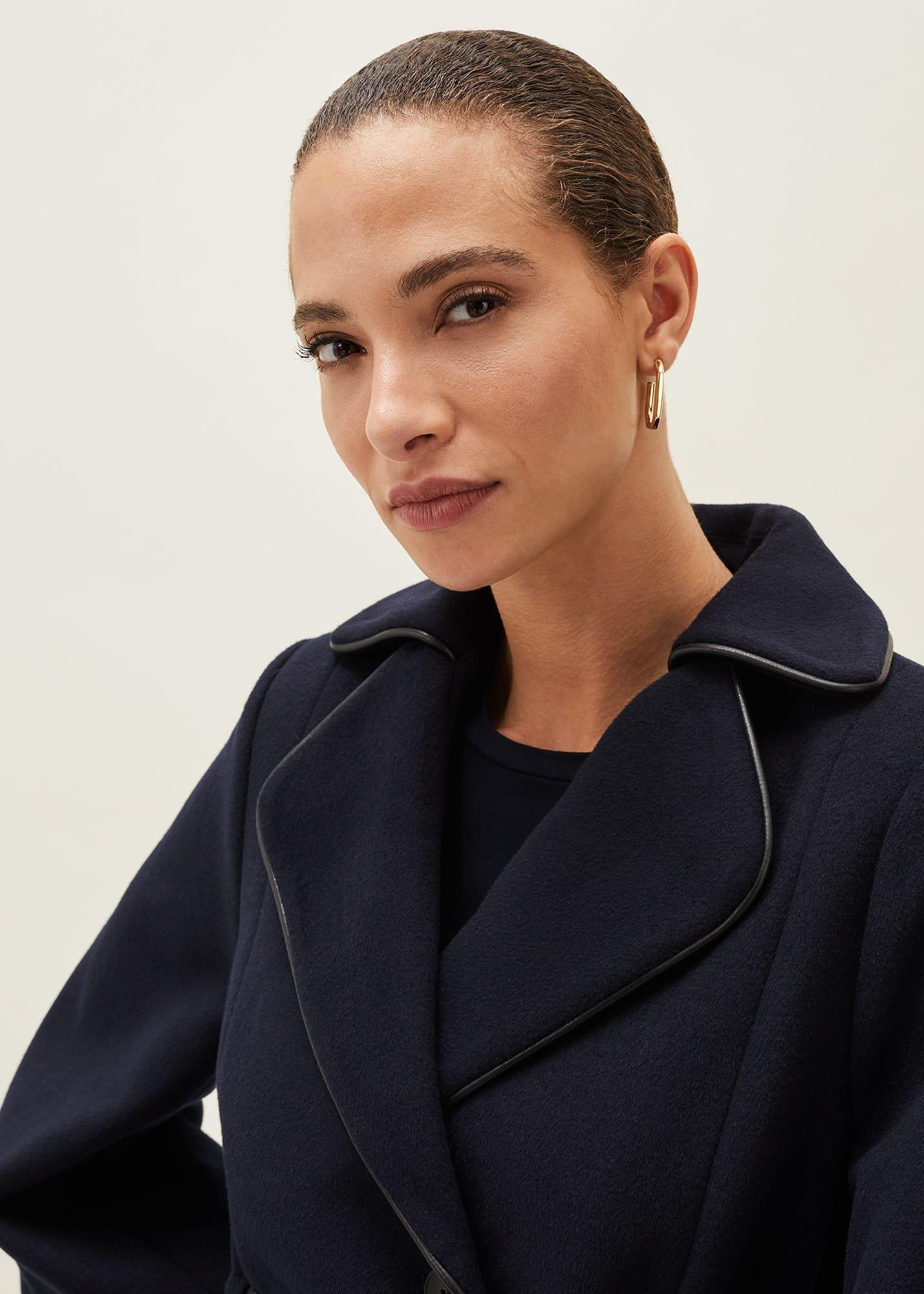 Anna Faux Leather Trim Wool Cape Coat